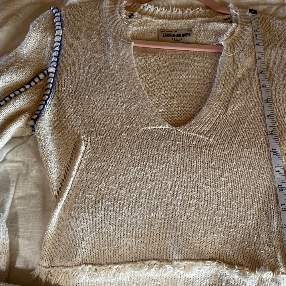 ZADIG & VOLTAIRE NWT Hiko Frayed Trim Silk Blend Ecru And Blue Minidress - Picture 15 of 15